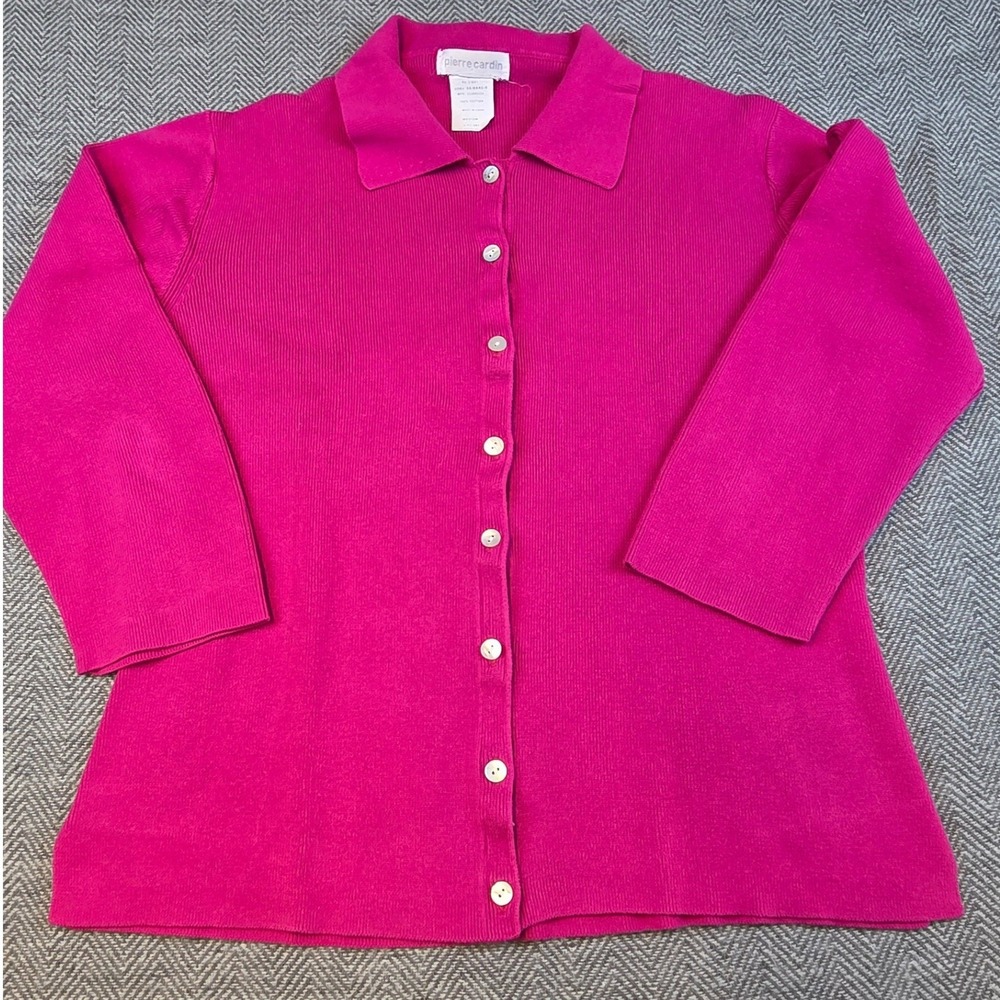 Pierre Cardin Womens Hot Pink Ribbed Cotton Collared Cardigan Sweater Medium